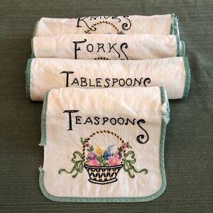Retro Kitchen ~ Embroidered Flowers & Basket ~ Handmade 4 Utensil Rolls Holders